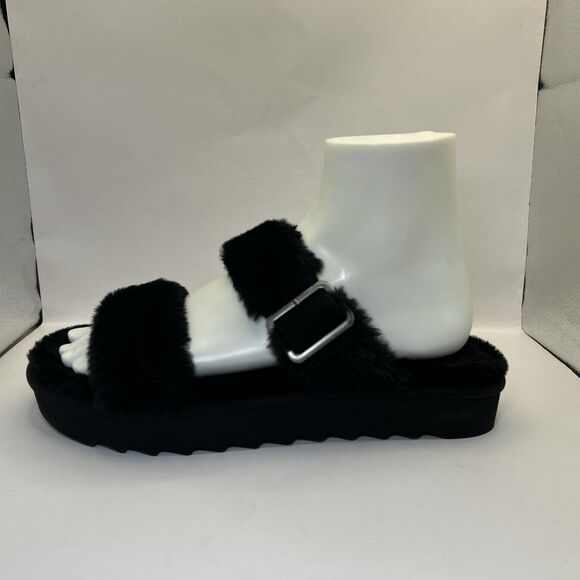 Koolaburra by UGG Women’s 8 Black Fuzzy Platform Sandals Slip On Buckle Slides - Picture 4 of 16